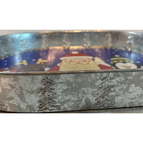 Galvanized Metal Christmas Serving Tray Santa & Friends Design 2" sides 15 X 11" - Picture 6 of 6